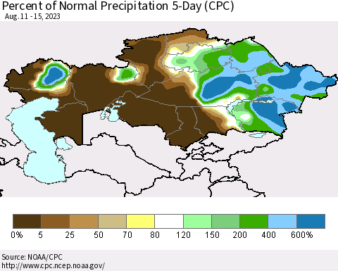 Kazakhstan Percent of Normal Precipitation 5-Day (CPC) Thematic Map For 8/11/2023 - 8/15/2023