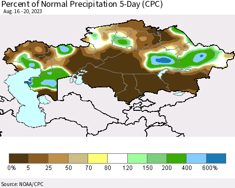 Kazakhstan Percent of Normal Precipitation 5-Day (CPC) Thematic Map For 8/16/2023 - 8/20/2023