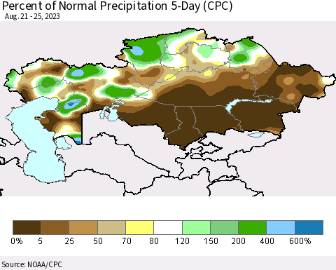 Kazakhstan Percent of Normal Precipitation 5-Day (CPC) Thematic Map For 8/21/2023 - 8/25/2023