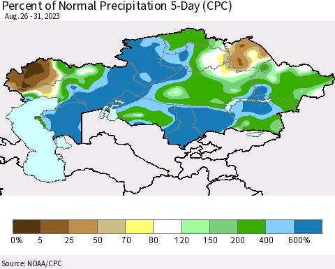 Kazakhstan Percent of Normal Precipitation 5-Day (CPC) Thematic Map For 8/26/2023 - 8/31/2023