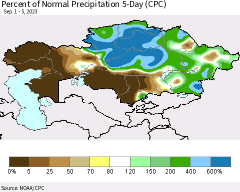 Kazakhstan Percent of Normal Precipitation 5-Day (CPC) Thematic Map For 9/1/2023 - 9/5/2023