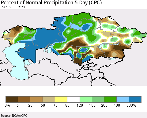 Kazakhstan Percent of Normal Precipitation 5-Day (CPC) Thematic Map For 9/6/2023 - 9/10/2023