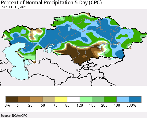 Kazakhstan Percent of Normal Precipitation 5-Day (CPC) Thematic Map For 9/11/2023 - 9/15/2023