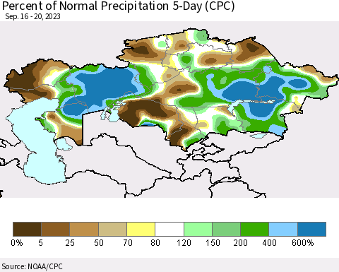 Kazakhstan Percent of Normal Precipitation 5-Day (CPC) Thematic Map For 9/16/2023 - 9/20/2023