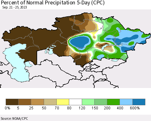 Kazakhstan Percent of Normal Precipitation 5-Day (CPC) Thematic Map For 9/21/2023 - 9/25/2023