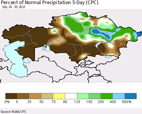 Kazakhstan Percent of Normal Precipitation 5-Day (CPC) Thematic Map For 9/26/2023 - 9/30/2023