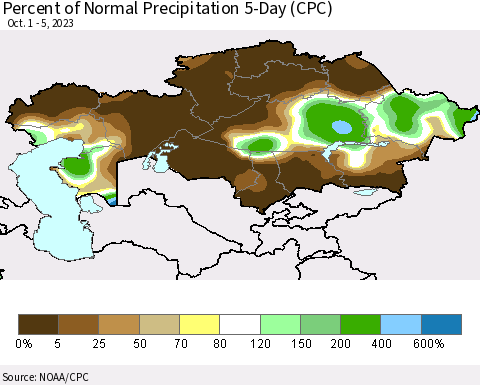 Kazakhstan Percent of Normal Precipitation 5-Day (CPC) Thematic Map For 10/1/2023 - 10/5/2023