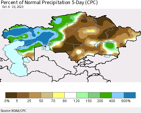 Kazakhstan Percent of Normal Precipitation 5-Day (CPC) Thematic Map For 10/6/2023 - 10/10/2023