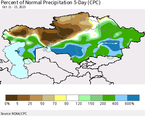 Kazakhstan Percent of Normal Precipitation 5-Day (CPC) Thematic Map For 10/11/2023 - 10/15/2023