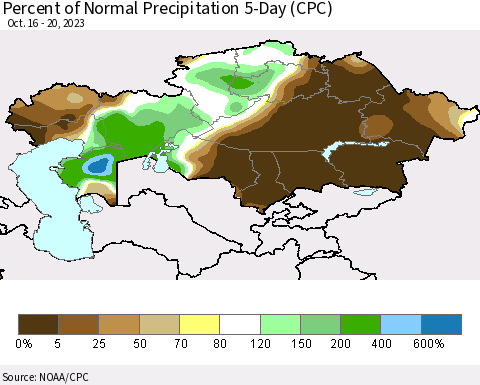 Kazakhstan Percent of Normal Precipitation 5-Day (CPC) Thematic Map For 10/16/2023 - 10/20/2023