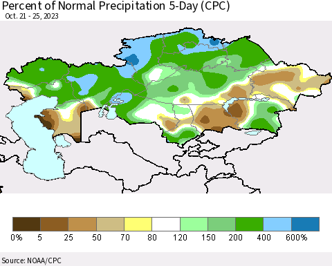 Kazakhstan Percent of Normal Precipitation 5-Day (CPC) Thematic Map For 10/21/2023 - 10/25/2023