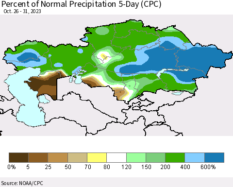 Kazakhstan Percent of Normal Precipitation 5-Day (CPC) Thematic Map For 10/26/2023 - 10/31/2023