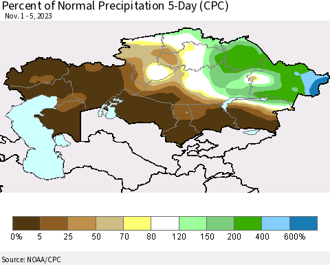 Kazakhstan Percent of Normal Precipitation 5-Day (CPC) Thematic Map For 11/1/2023 - 11/5/2023