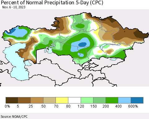 Kazakhstan Percent of Normal Precipitation 5-Day (CPC) Thematic Map For 11/6/2023 - 11/10/2023