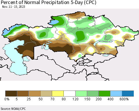 Kazakhstan Percent of Normal Precipitation 5-Day (CPC) Thematic Map For 11/11/2023 - 11/15/2023