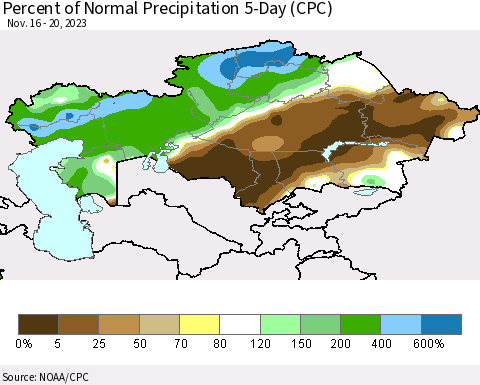 Kazakhstan Percent of Normal Precipitation 5-Day (CPC) Thematic Map For 11/16/2023 - 11/20/2023