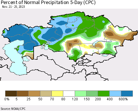 Kazakhstan Percent of Normal Precipitation 5-Day (CPC) Thematic Map For 11/21/2023 - 11/25/2023