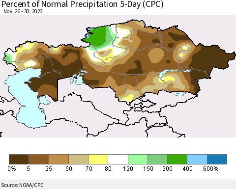 Kazakhstan Percent of Normal Precipitation 5-Day (CPC) Thematic Map For 11/26/2023 - 11/30/2023