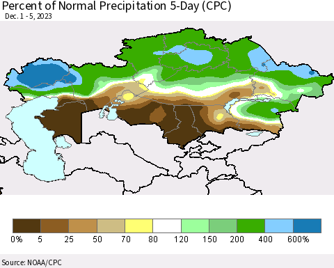 Kazakhstan Percent of Normal Precipitation 5-Day (CPC) Thematic Map For 12/1/2023 - 12/5/2023