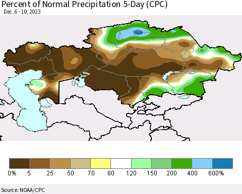 Kazakhstan Percent of Normal Precipitation 5-Day (CPC) Thematic Map For 12/6/2023 - 12/10/2023