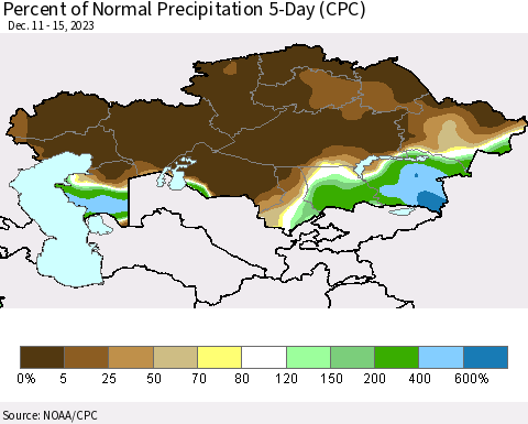 Kazakhstan Percent of Normal Precipitation 5-Day (CPC) Thematic Map For 12/11/2023 - 12/15/2023