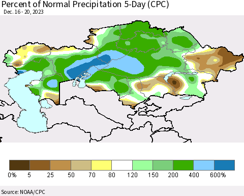 Kazakhstan Percent of Normal Precipitation 5-Day (CPC) Thematic Map For 12/16/2023 - 12/20/2023