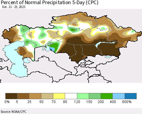 Kazakhstan Percent of Normal Precipitation 5-Day (CPC) Thematic Map For 12/21/2023 - 12/25/2023