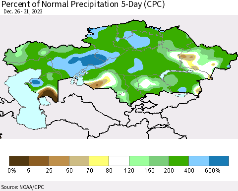 Kazakhstan Percent of Normal Precipitation 5-Day (CPC) Thematic Map For 12/26/2023 - 12/31/2023