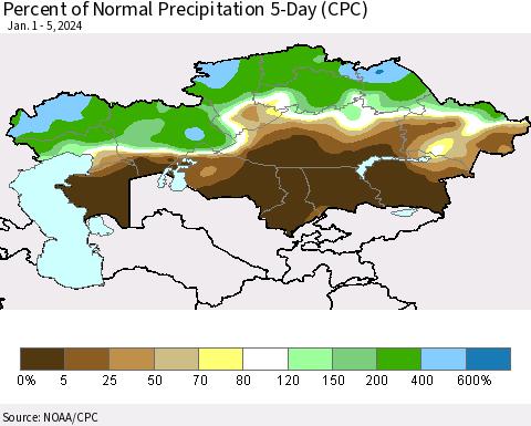 Kazakhstan Percent of Normal Precipitation 5-Day (CPC) Thematic Map For 1/1/2024 - 1/5/2024