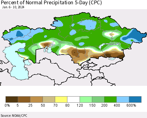 Kazakhstan Percent of Normal Precipitation 5-Day (CPC) Thematic Map For 1/6/2024 - 1/10/2024
