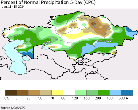 Kazakhstan Percent of Normal Precipitation 5-Day (CPC) Thematic Map For 1/11/2024 - 1/15/2024