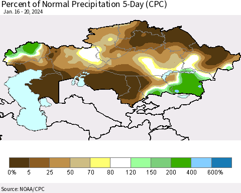Kazakhstan Percent of Normal Precipitation 5-Day (CPC) Thematic Map For 1/16/2024 - 1/20/2024