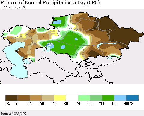 Kazakhstan Percent of Normal Precipitation 5-Day (CPC) Thematic Map For 1/21/2024 - 1/25/2024