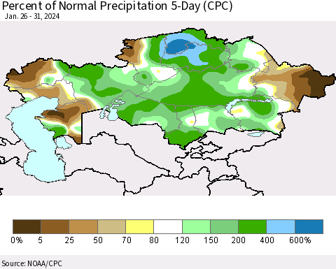 Kazakhstan Percent of Normal Precipitation 5-Day (CPC) Thematic Map For 1/26/2024 - 1/31/2024