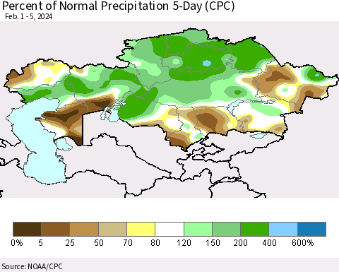 Kazakhstan Percent of Normal Precipitation 5-Day (CPC) Thematic Map For 2/1/2024 - 2/5/2024