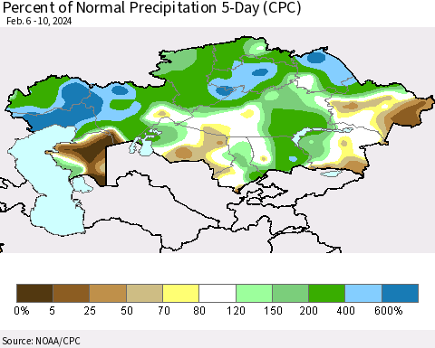 Kazakhstan Percent of Normal Precipitation 5-Day (CPC) Thematic Map For 2/6/2024 - 2/10/2024