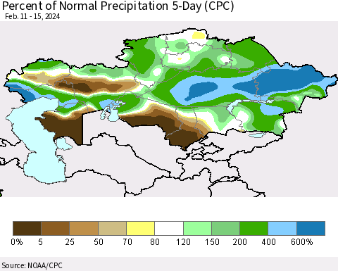 Kazakhstan Percent of Normal Precipitation 5-Day (CPC) Thematic Map For 2/11/2024 - 2/15/2024
