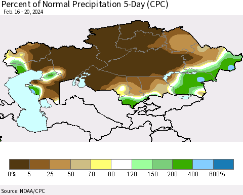 Kazakhstan Percent of Normal Precipitation 5-Day (CPC) Thematic Map For 2/16/2024 - 2/20/2024