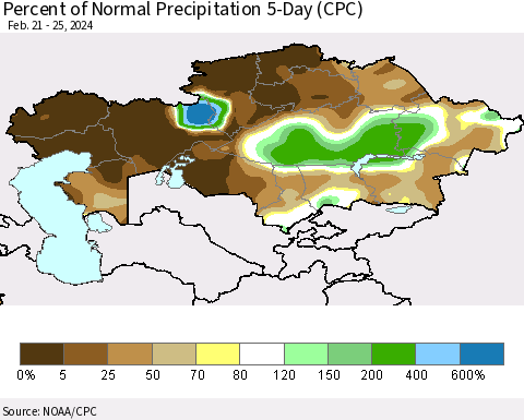 Kazakhstan Percent of Normal Precipitation 5-Day (CPC) Thematic Map For 2/21/2024 - 2/25/2024