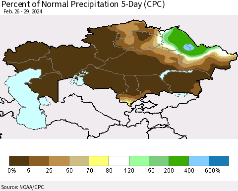Kazakhstan Percent of Normal Precipitation 5-Day (CPC) Thematic Map For 2/26/2024 - 2/29/2024