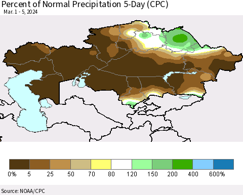 Kazakhstan Percent of Normal Precipitation 5-Day (CPC) Thematic Map For 3/1/2024 - 3/5/2024
