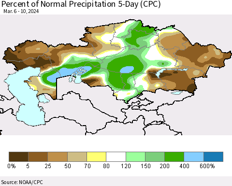 Kazakhstan Percent of Normal Precipitation 5-Day (CPC) Thematic Map For 3/6/2024 - 3/10/2024