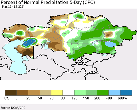 Kazakhstan Percent of Normal Precipitation 5-Day (CPC) Thematic Map For 3/11/2024 - 3/15/2024