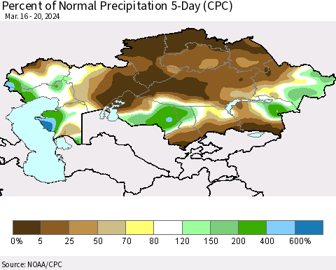 Kazakhstan Percent of Normal Precipitation 5-Day (CPC) Thematic Map For 3/16/2024 - 3/20/2024