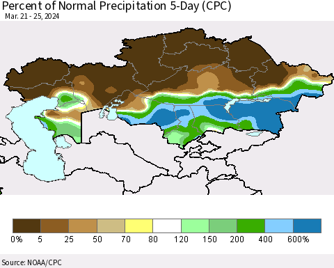 Kazakhstan Percent of Normal Precipitation 5-Day (CPC) Thematic Map For 3/21/2024 - 3/25/2024