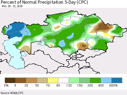 Kazakhstan Percent of Normal Precipitation 5-Day (CPC) Thematic Map For 3/26/2024 - 3/31/2024