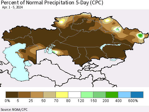 Kazakhstan Percent of Normal Precipitation 5-Day (CPC) Thematic Map For 4/1/2024 - 4/5/2024