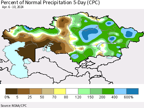 Kazakhstan Percent of Normal Precipitation 5-Day (CPC) Thematic Map For 4/6/2024 - 4/10/2024