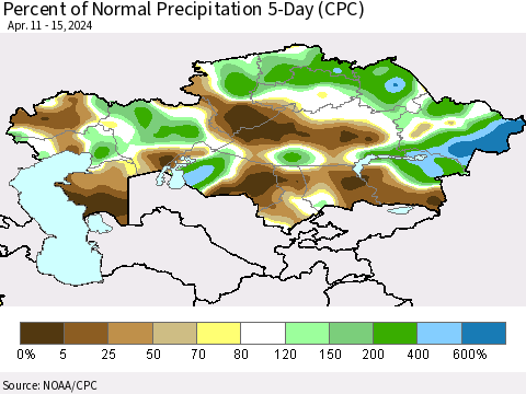 Kazakhstan Percent of Normal Precipitation 5-Day (CPC) Thematic Map For 4/11/2024 - 4/15/2024