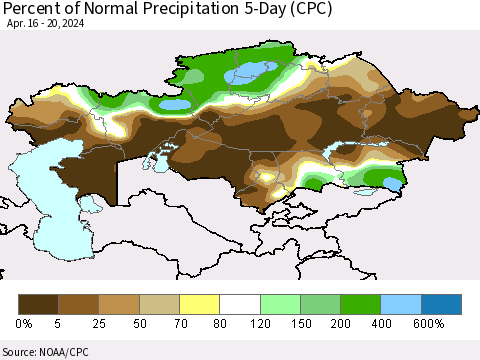 Kazakhstan Percent of Normal Precipitation 5-Day (CPC) Thematic Map For 4/16/2024 - 4/20/2024